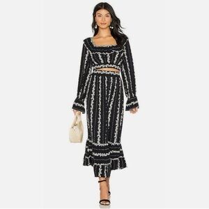 NWT Free People Black Floral Trim Long-Sleeve 2 piece Midi Dress size L